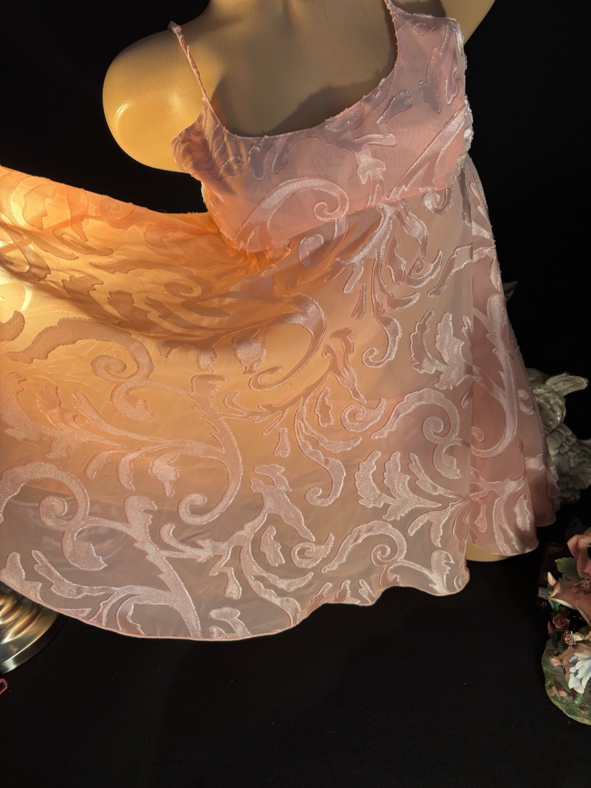 Vtg Satin Soft Burnout Nightie Thong Panties VS Babydoll Damask Sheer Gown Set S