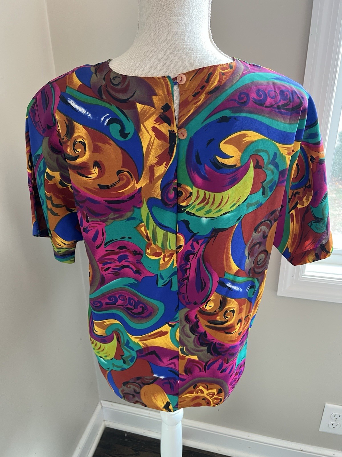 Vintage 90s Abstract Paisley Blouse M Jewel Tone Art Print Colorful Boho Funky