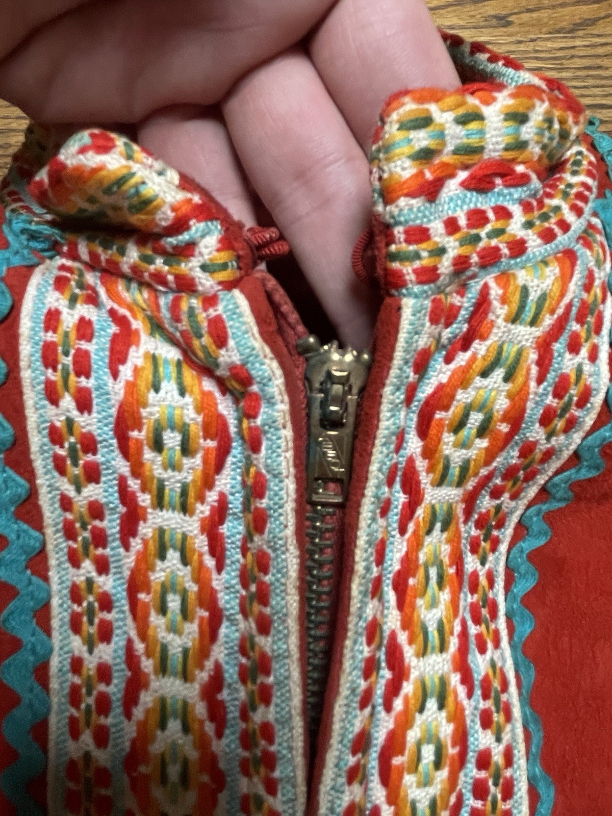 Vintage Bohemian “Suede” Sherpa Style Jacket Red Orange Boho Retro 60s 70s