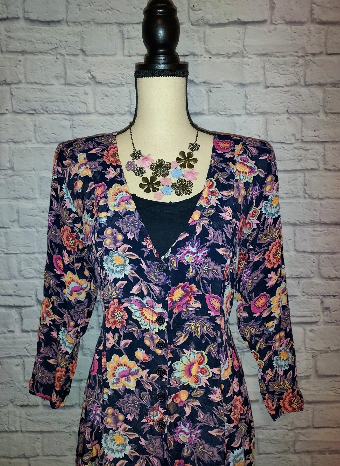 Vintage Starina Rayon Multi Floral Corset Back Lined Boho Midi Dress Size Small
