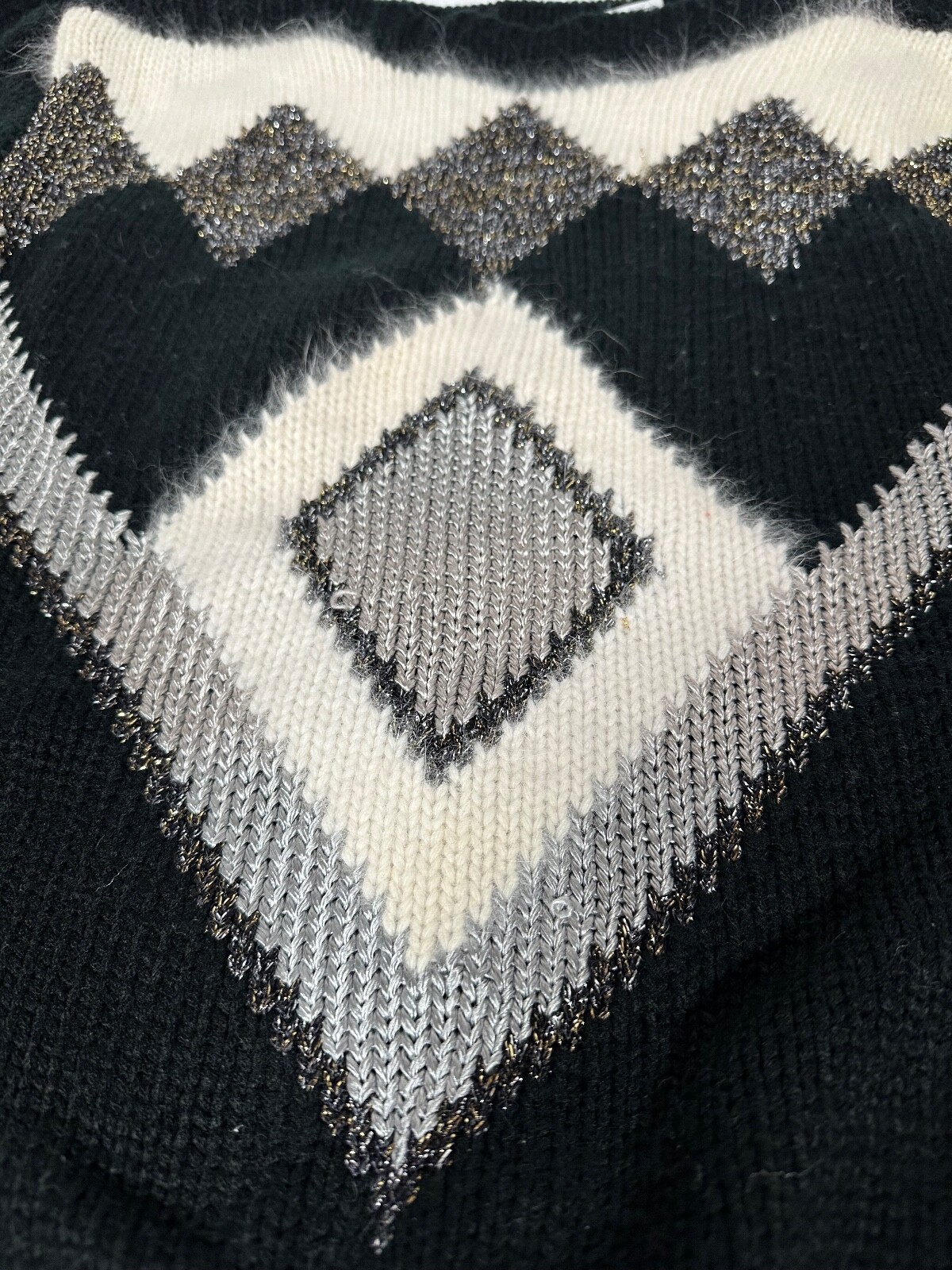 Vintage 80s 90s Maurada Black White Silver Geometric Diamond Holiday Sweater