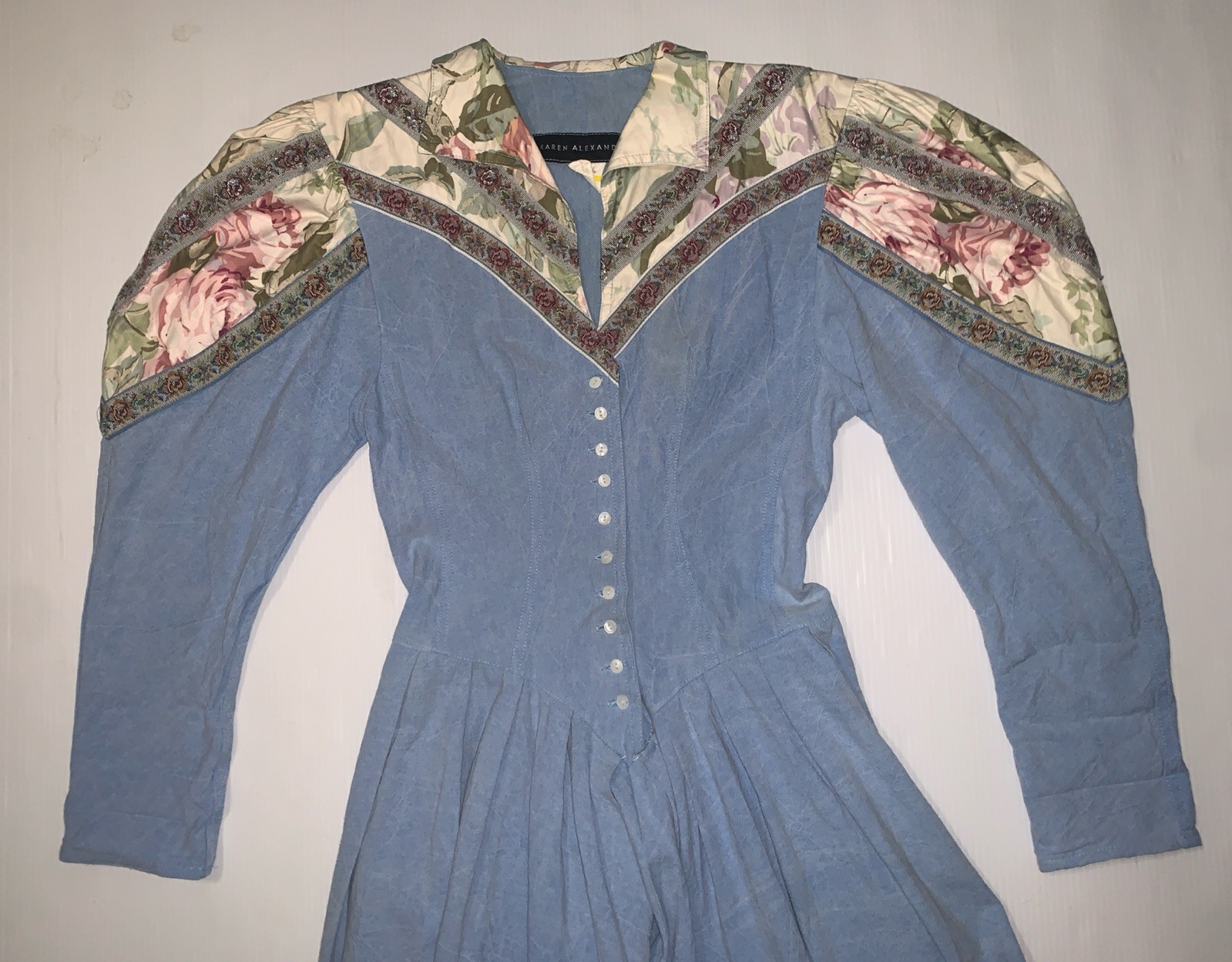 VTG Karen Alexander 80s Denim Puff Sleeve Dress Size 4 USA Made Festival Western