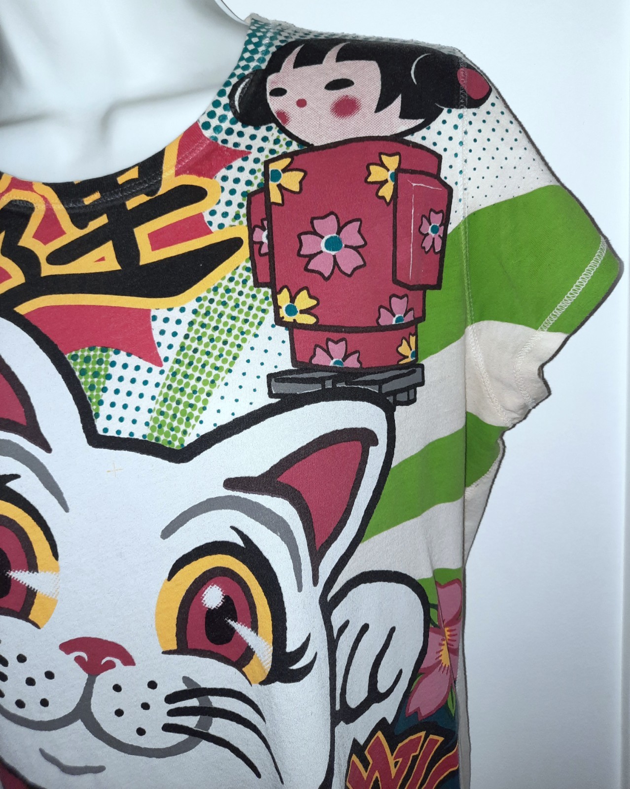 Lucky Brand Vintage Maneki-Neko Lucky Cat & Kokeshi Doll Jrs T-Shirt Sz L READ🌼
