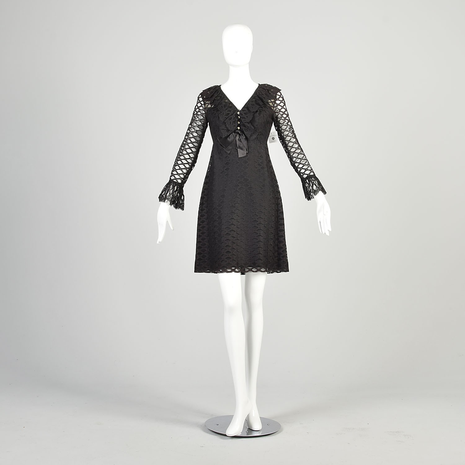 Medium 1970s Black Mini Dress Sheer Long Sleeve Ruffle Collar Cocktail Party LBD