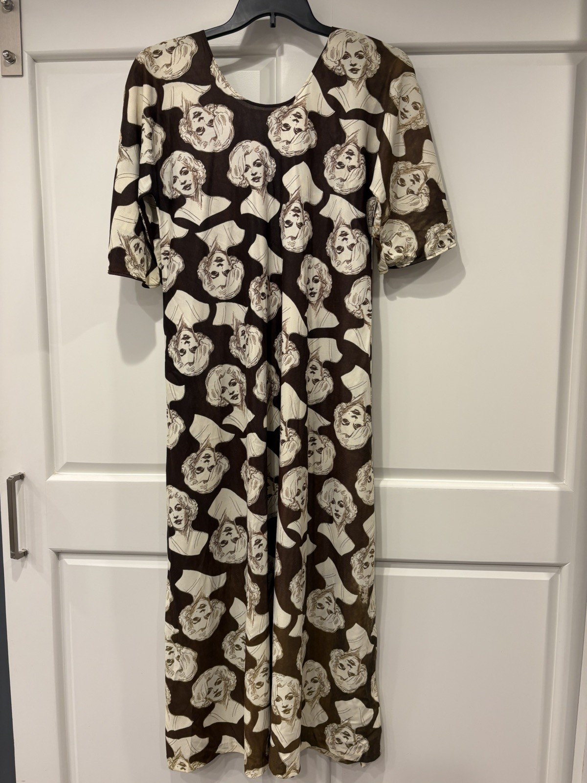 Vintage Rare 1970s Elle Casuals Cream Brown Marilyn Monroe Print Maxi Dress Sm