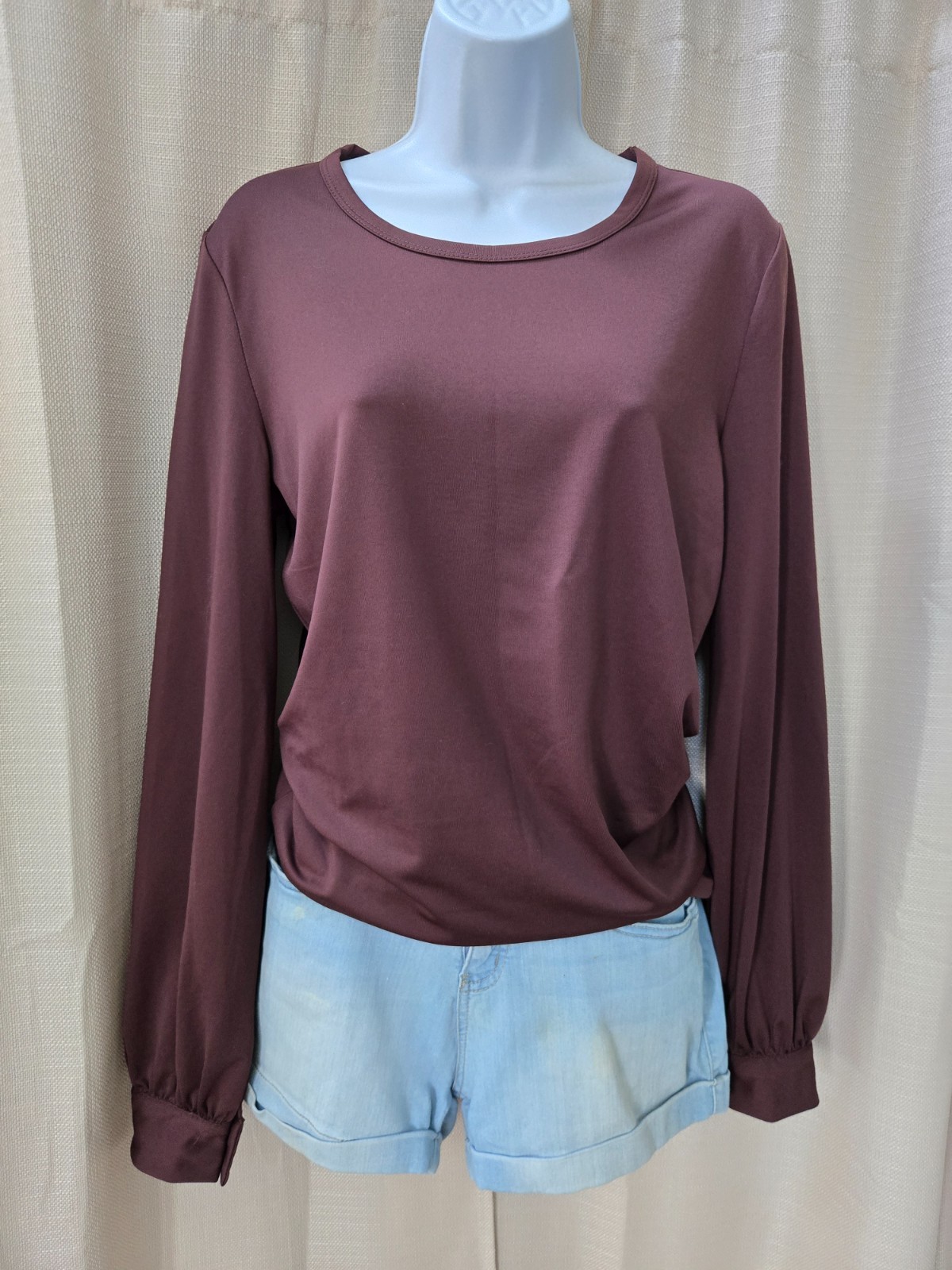 Vtg Newport News Retro Mod Style Casual Dressy Brown Stretch Bishop Sleeve Top M