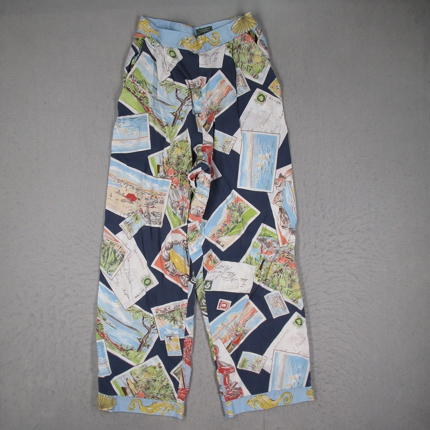 Vintage Ralph Lauren Country Postcard Print Rayon Pants Womens 6 Tropical Beach