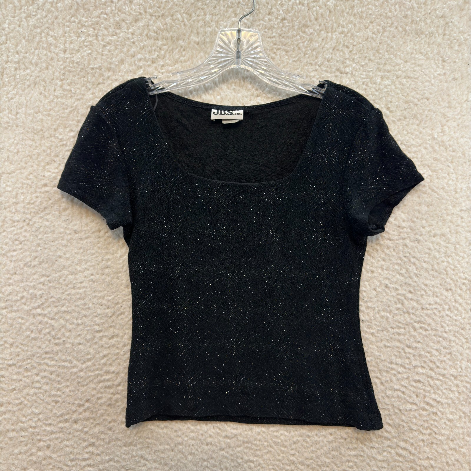 90s Vintage Top S Small Black Sparkle Glitter Slinky Stretch Square Neck JBS
