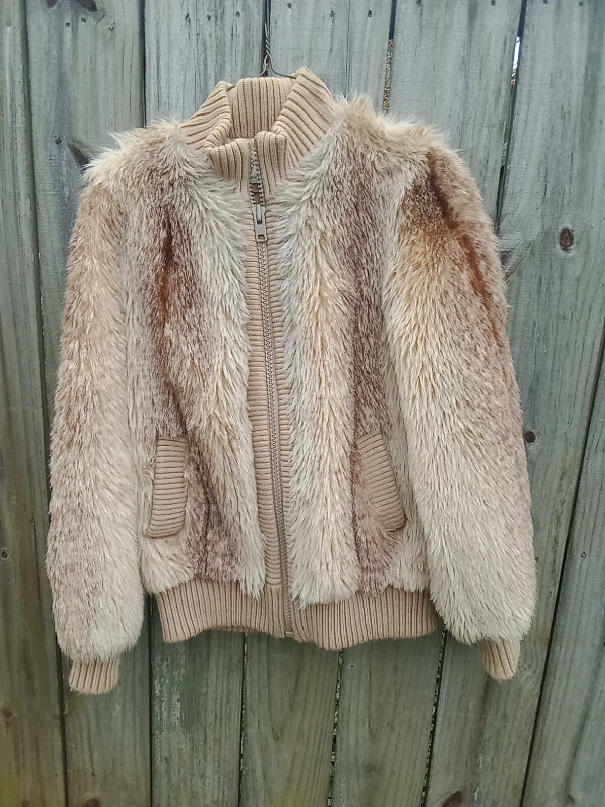 Lilli Ann San Francisco Vintage Bomber Jacket Woman’s Tan Faux Fur Gold Large
