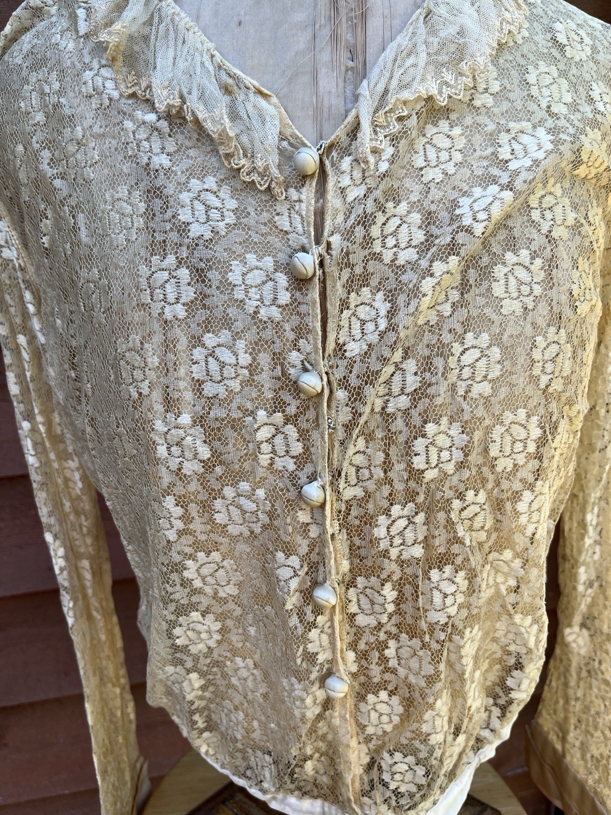 Ladies Edwardian, Floral Lace Blouse, Long Sleeves, Cloth Covered Buttons