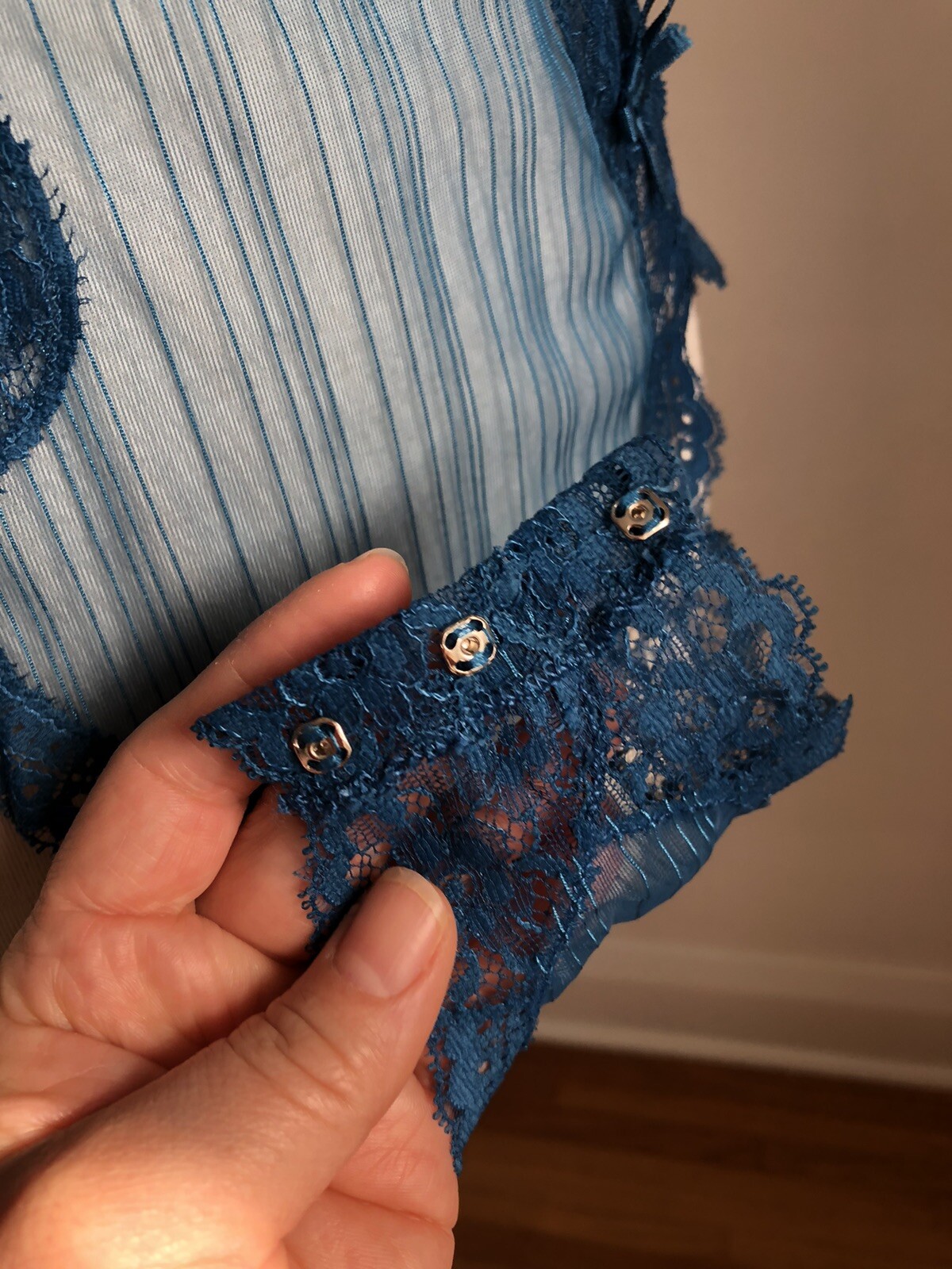 STUNNING VTG BLUSH Blue Chiffon Nylon & Lace Teddy Romper Lingerie SZ M