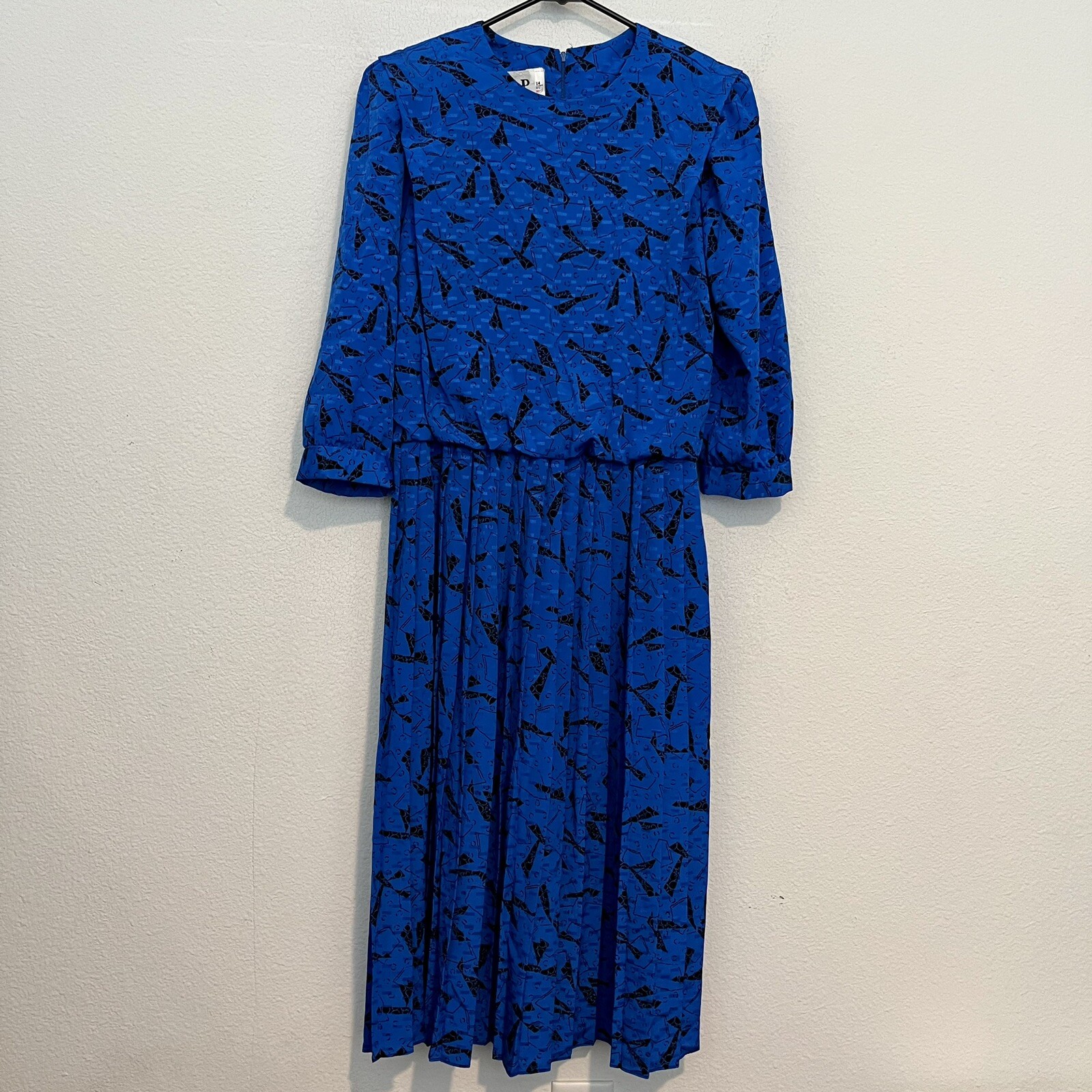 80s VLP Petites Blue Abstract Secretary Dress Elastic Waist Union Tag Vintage 14