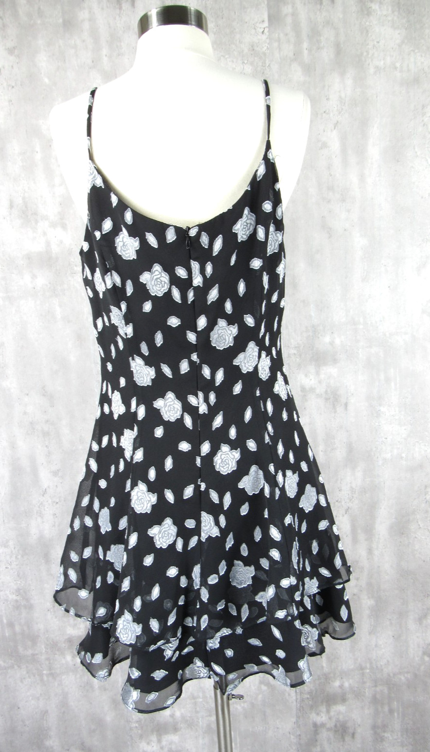 Vintage 90s Rampage Black Silver Mini Slip Skater Dress Y2K Tiered Hem S/M