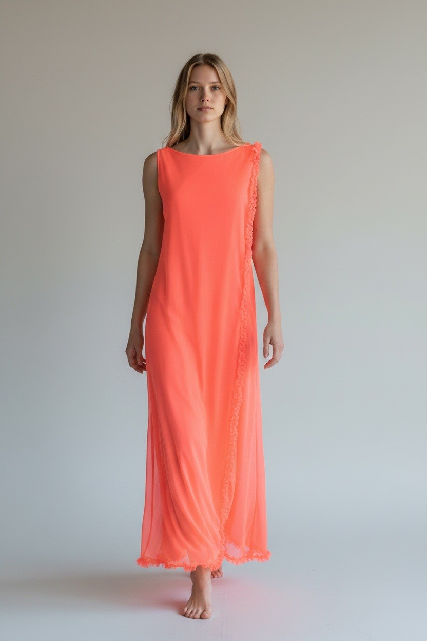 Vintage 60s 70s Neon Coral Double Chiffon Ruffled Nightgown | S M