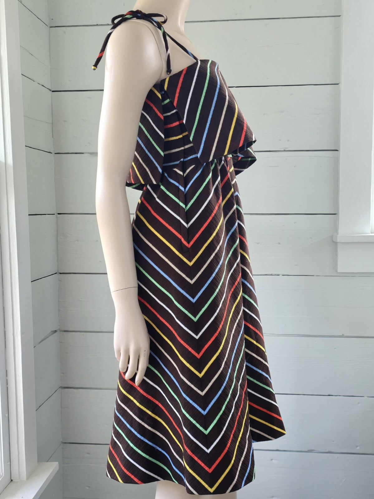 Vntg 70’s Nardis Of Dallas Multi Color Striped Asymmetrical women’s Day Dress