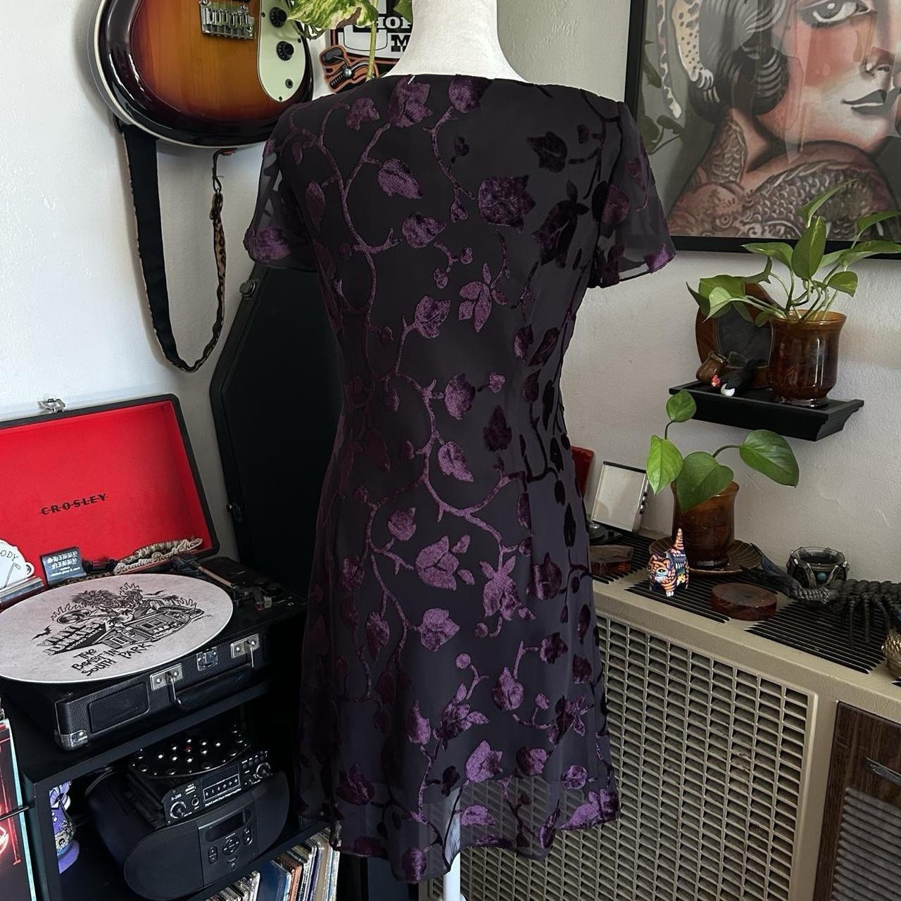 Whimsical Jones New York Black & Purple Floral Dress With Sheer Sleeves