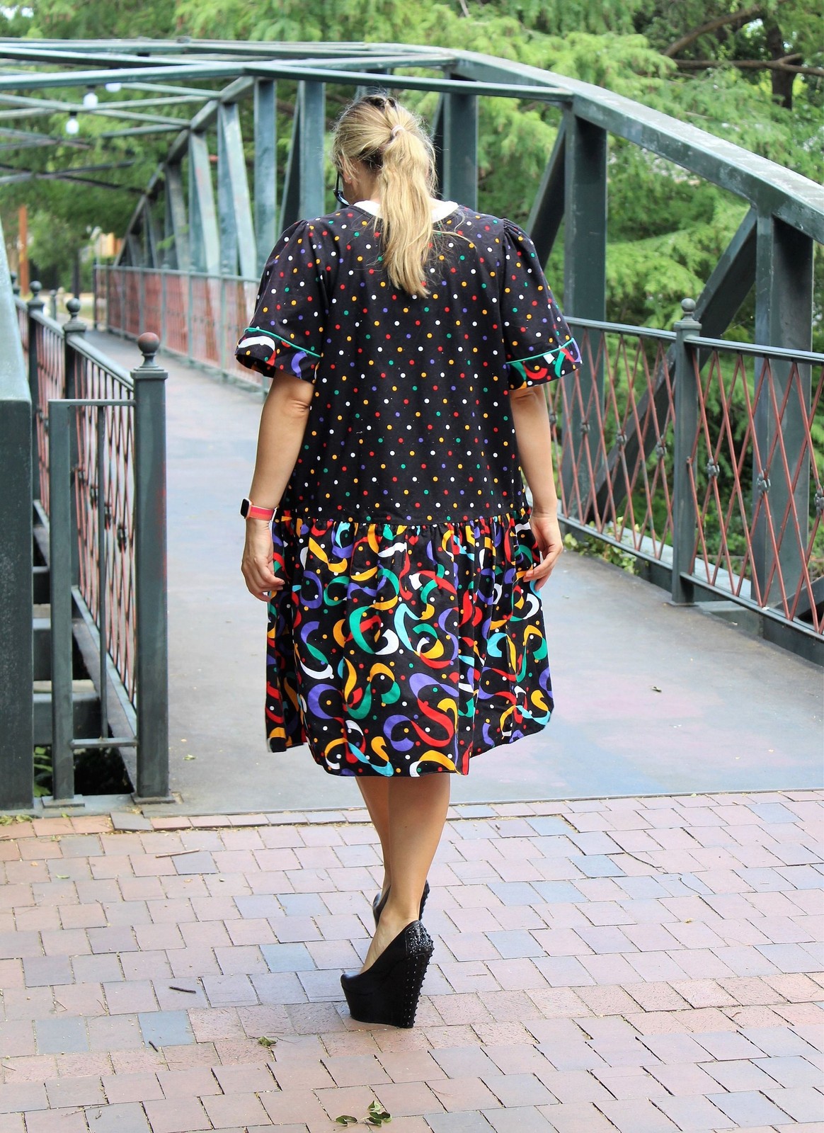 Vintage 80s Appel Caftan Dress Large Women Multicolor Cotton Loose Fit
