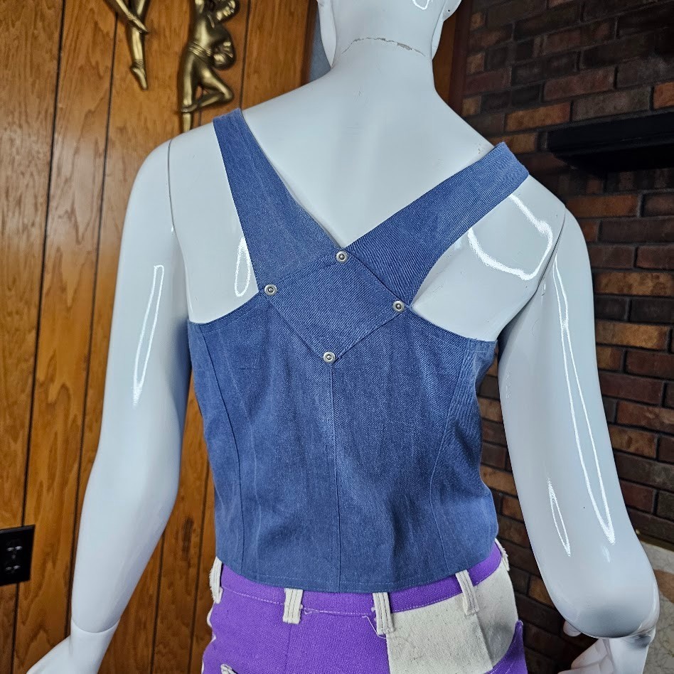 Vtg 90s do 70s Cowgirl Renaissance Western Chambray Denim Vest Hillbilly Top XS