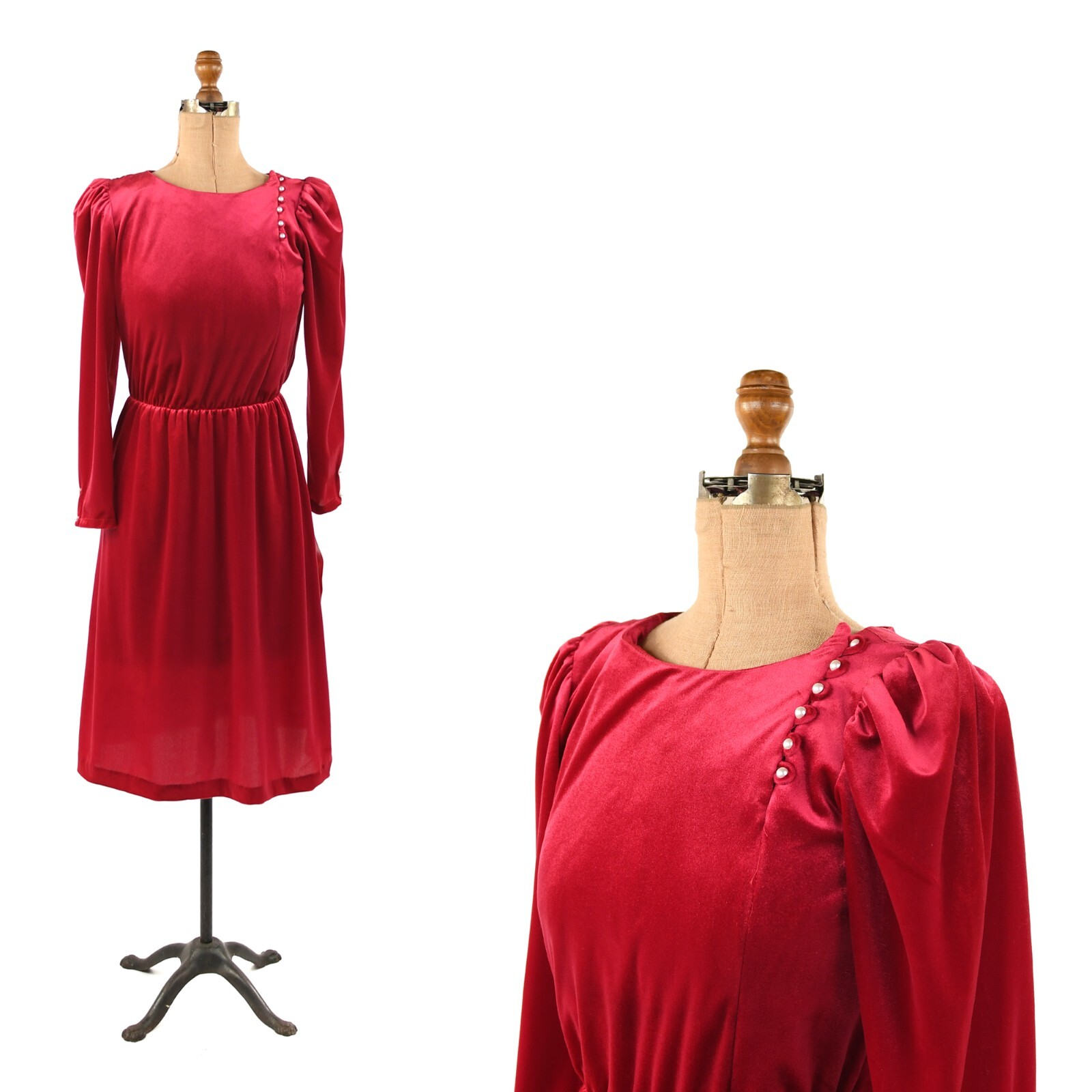 Vintage 70s Dark Pink Velvet Puff Shoulder Long Sleeve Pearl Button Dress S M