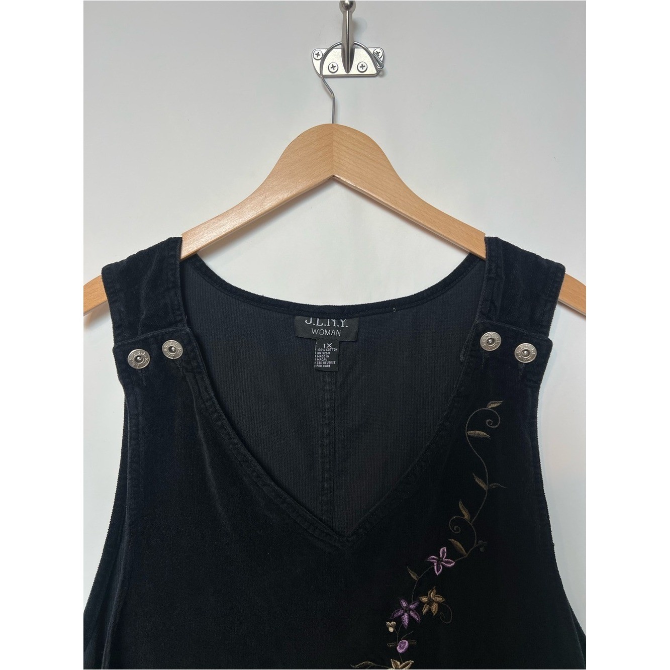 90s Black Embroidered Pinafore Overall Dress Velvet Corduroy 1X