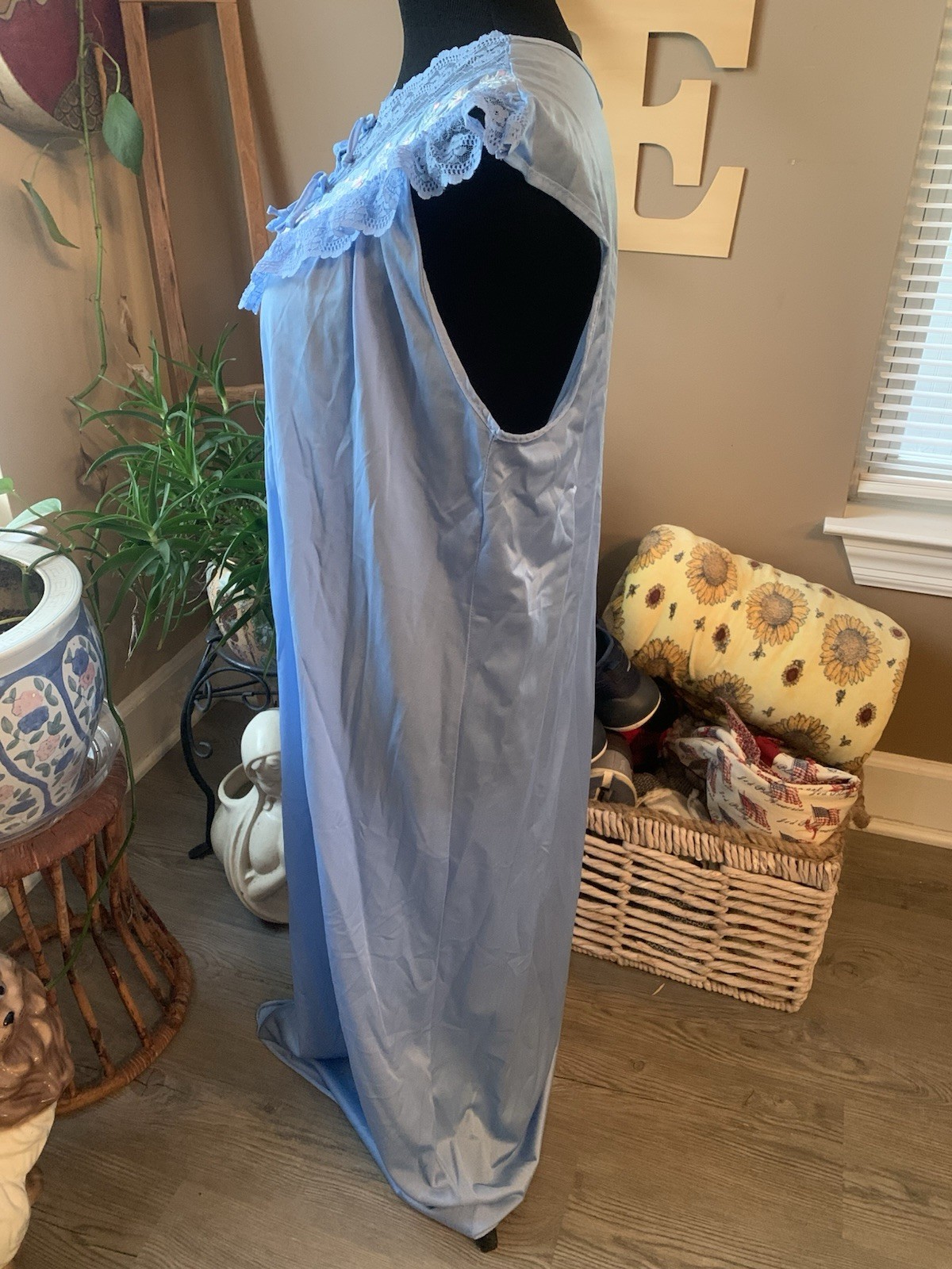 Rikki New York Maxi Nightgown Vintage Blue Nylon Size 38” Bust Embroidered Sweet