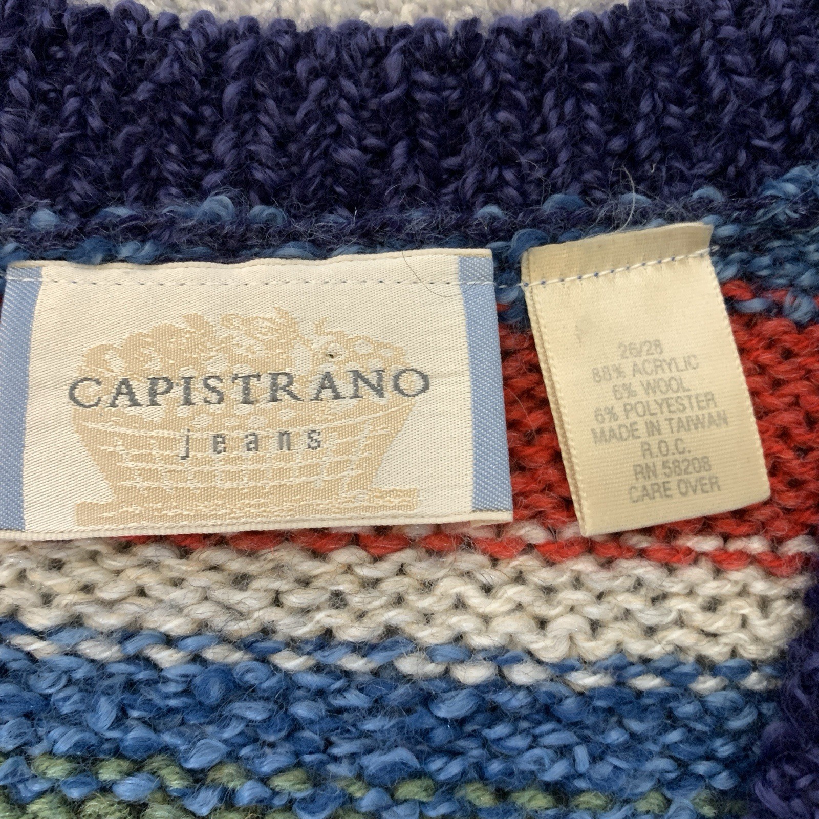 VTG 80s Capistrano Jeans Colorful Striped Sweater Vest Women’s XL Taiwan R.O.C