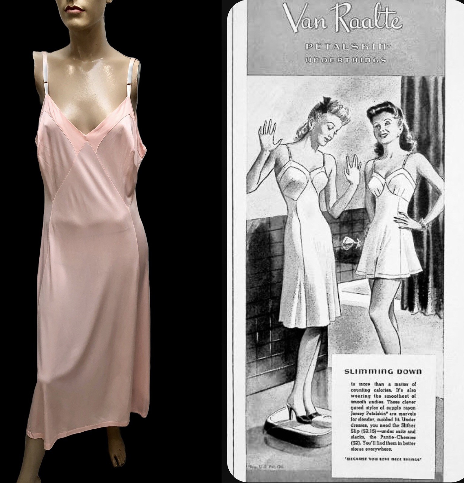 VTG 1940s *DEADSTOCK w/Tags Van Raalte ~ROSE PINK Rayon Knit SLIP DRESS Sz-42