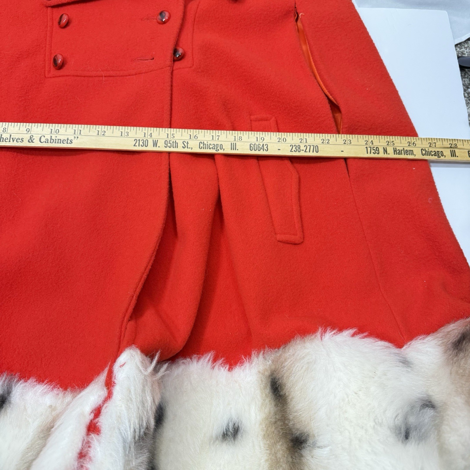 Vintage Red Wool Cape Coat Hooded Faux Fur Trim Mod Winter Cloak 60’s