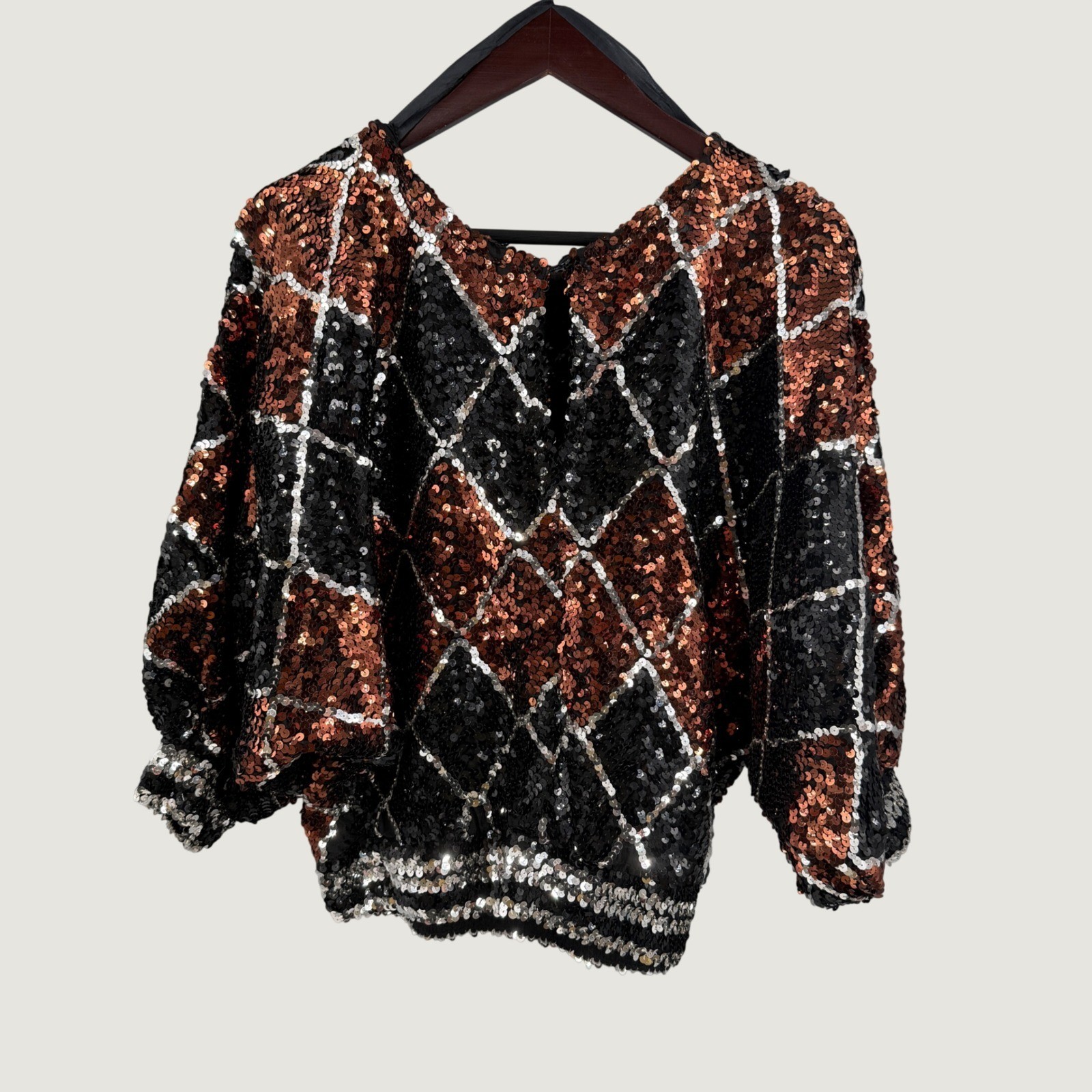 Vintage Lady Helene 80s Sequin Top Black Copper Harlequin Dolman Sleeve Party