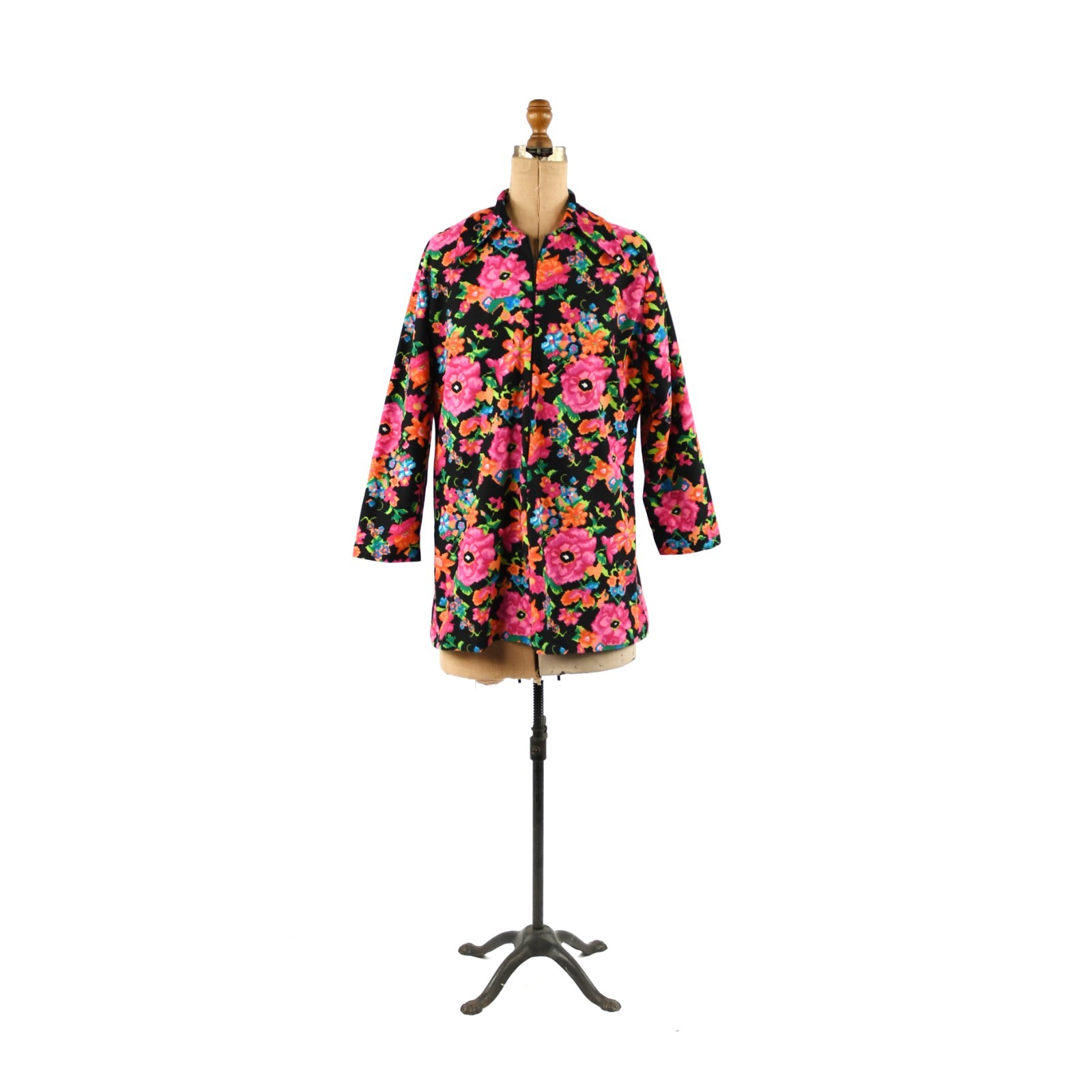 Vintage 60s 70s Mod Floral Tunic Top Groovy Bright Pink & Black Shirt Mini Dress