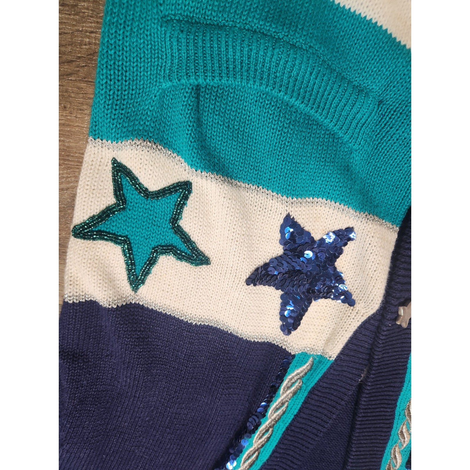 I.B. Diffusion Star Cardigan Womens Medium Navy Teal Sequin Vtg 90s Good Starry