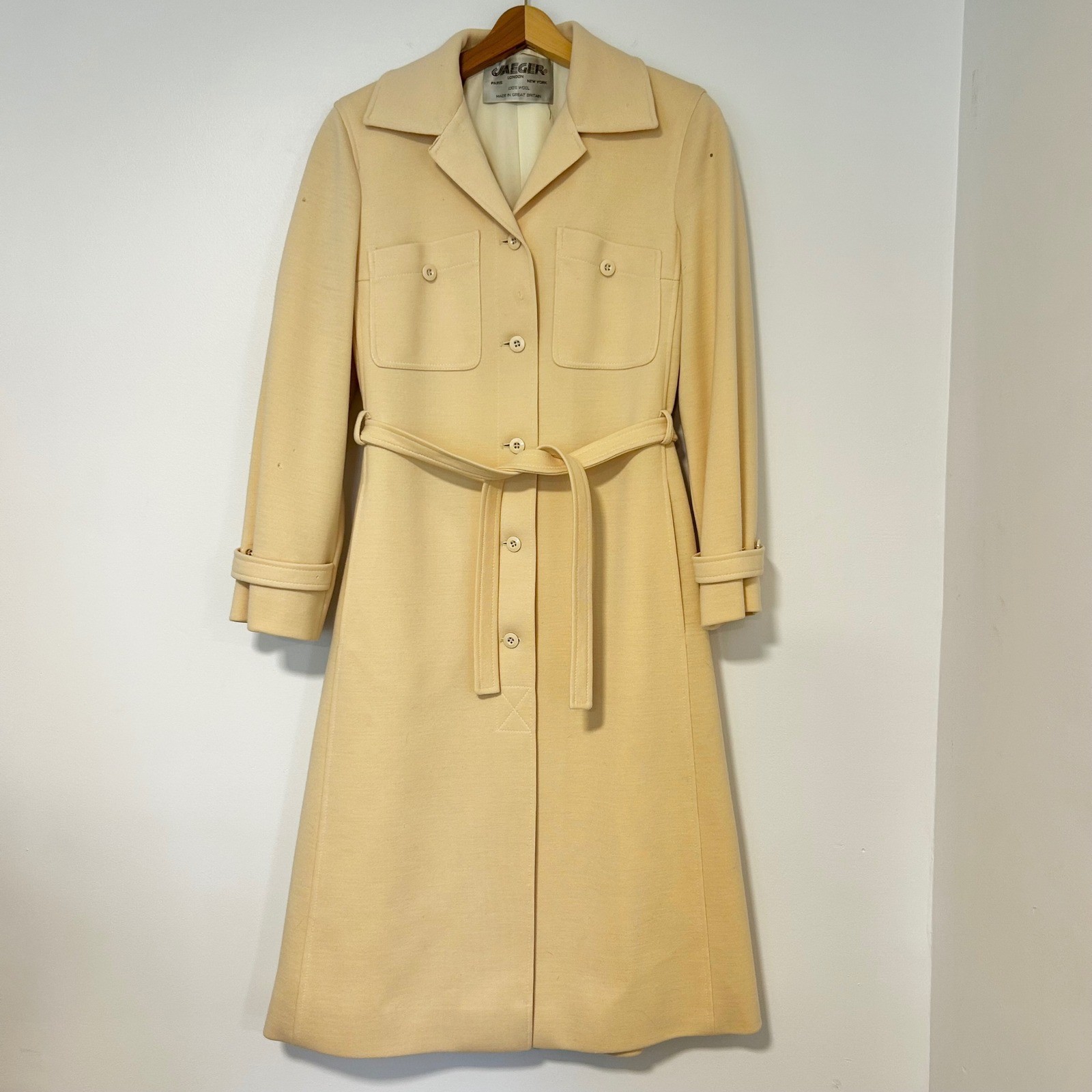 Jaeger London Vintage 100% Wool Trench Coat Cream Made in Great Britain Size 12
