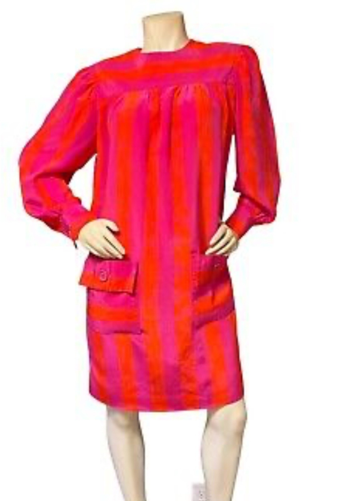 VINTAGE ADELE SIMPSON SILK COCKTAIL SHIFT DRESS PINK ORANGE Striped Size 12