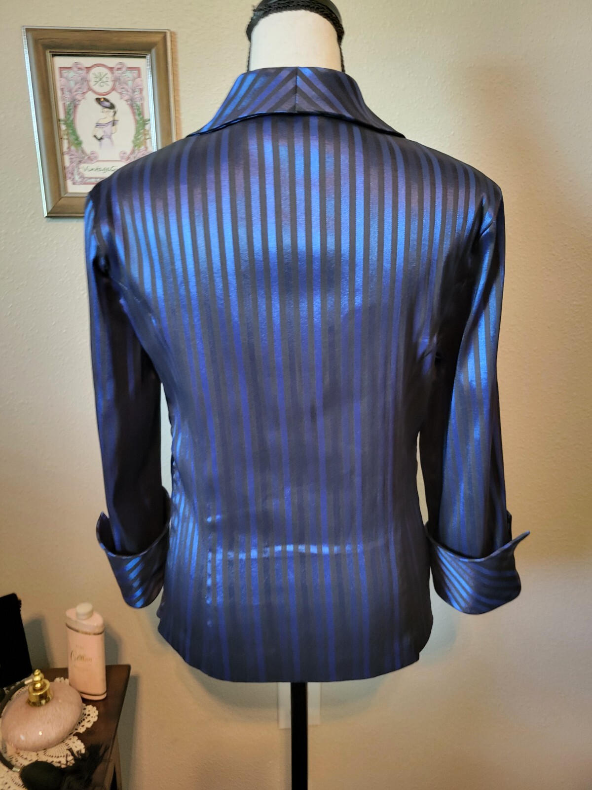 Vtg Joseph Ribkoff Blue & Black Shimmer Striped Formal Blouse/Jacket, Size 4
