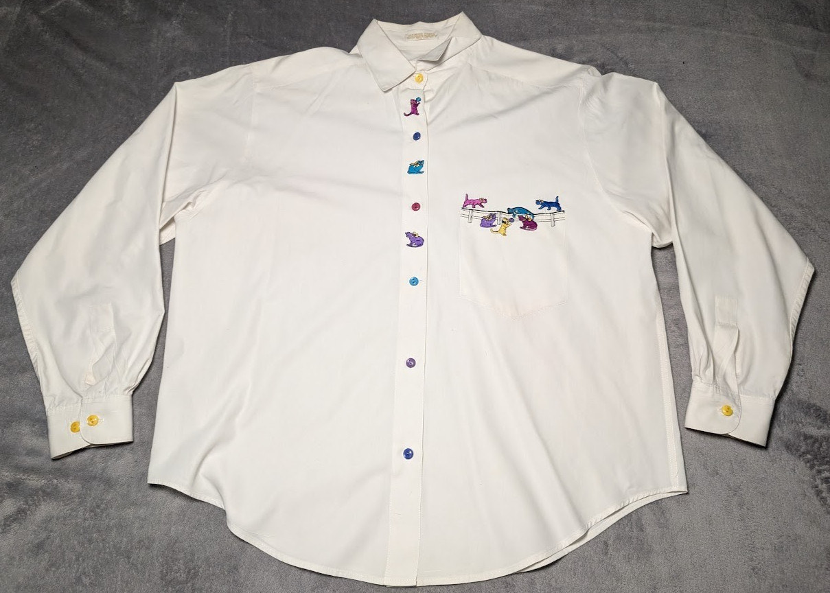 VTG John Henry Ladies Long Sleeve Shirt Cat & Ball Of Yarn Embroidery Size 10