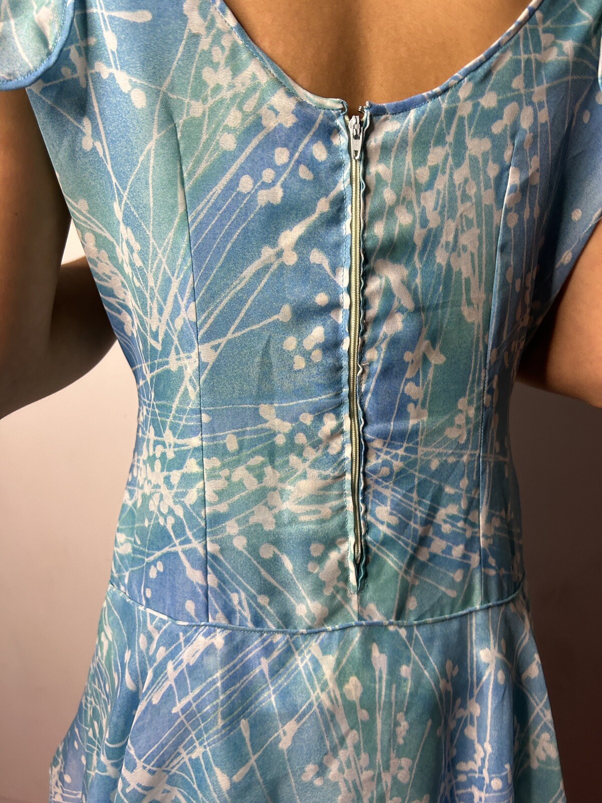 Vintage 1950s 1960s Handmade Tiered Gown Dress Blue Nylon Flutter Sleeves AU 8