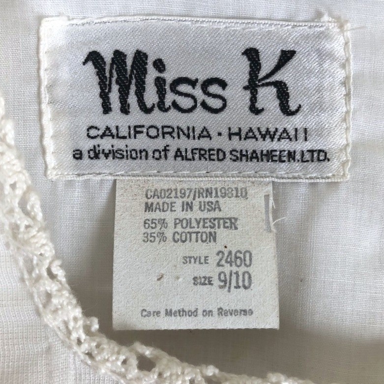 VTG MISS K Alfred Shaheen Lace Maxi Dress Bishop Sleeve Sz 9/10 White Wedding US
