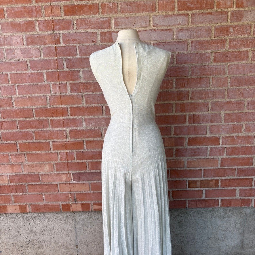 Vtg Miss Shaheen Silver Pleated Wide Leg Jumpsuit Size 10 Disco Retro