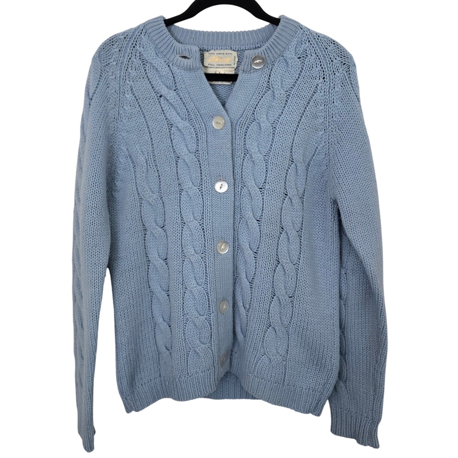 Vintage Billie Jo Blue Wool Cardigan Sweater L Large Cable Knit Hong Kong 70s