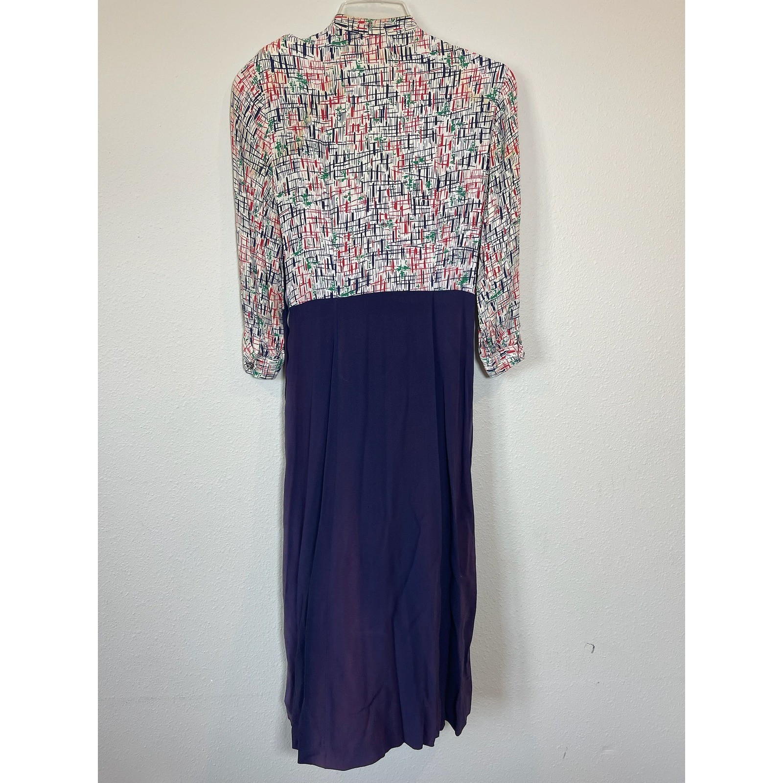 Vintage Handmade Abstract Mixed Media Midi Shirt Dress Pleated Pockets L/XL