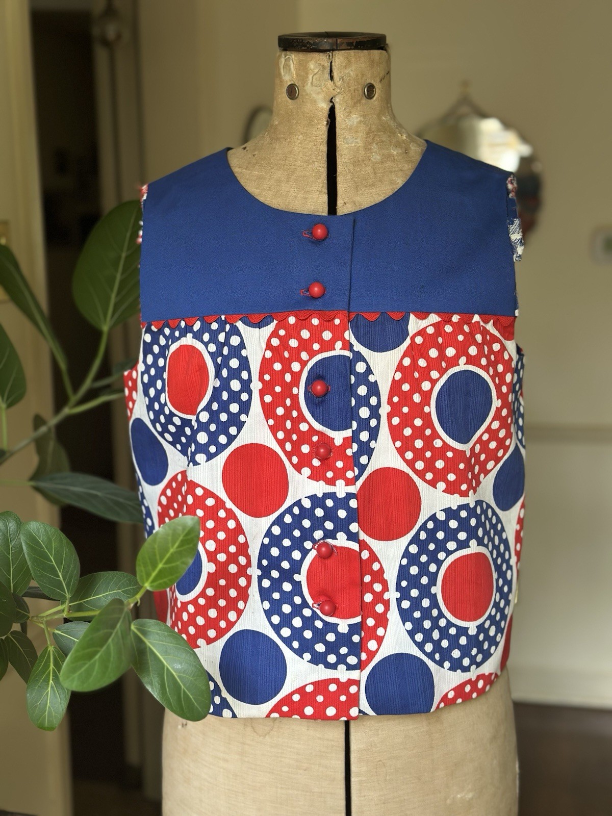 Vintage 60s Mod Handmade Cotton Red White Blue Floral Babydoll Crop Top XS Small