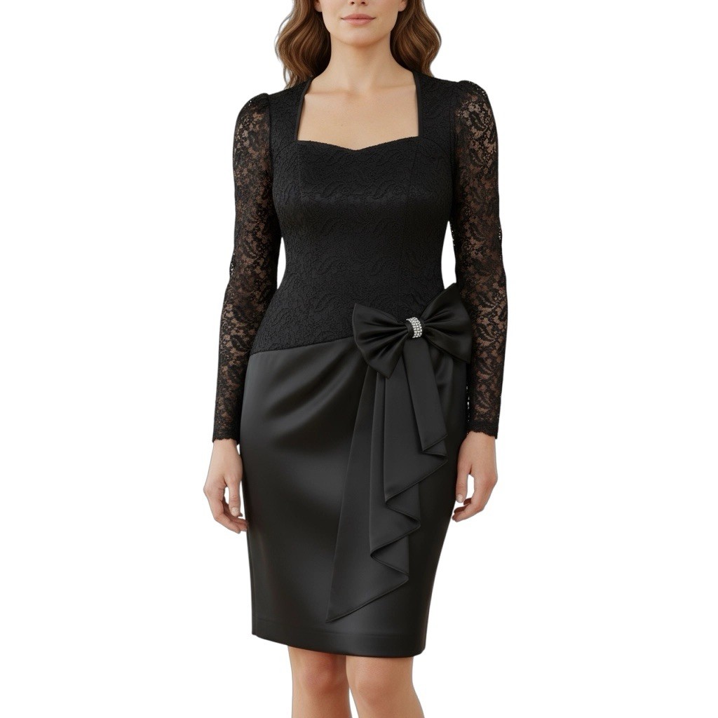 Vtg 1980’s Evenings by Pantagis Dress Black Lace Long Sleeve Rhinestone Bow 9/10