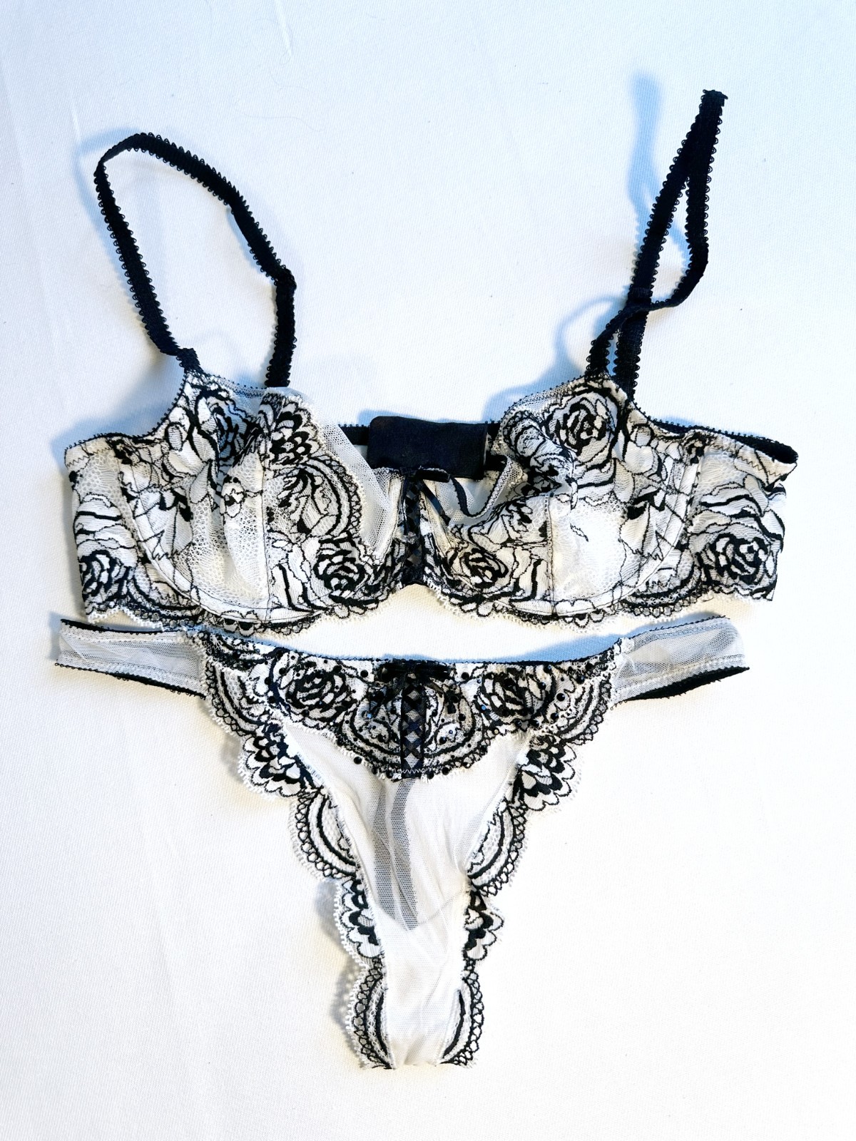Victoria’s Secret Black and White rose lace underwire and thong set 36B