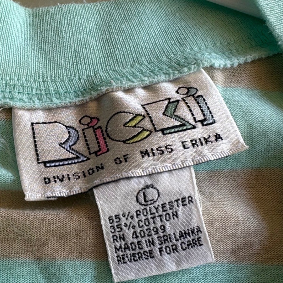 Vintage Striped Pocket T-Shirt Mint Green Tan Pastel Women’s Large Boxy