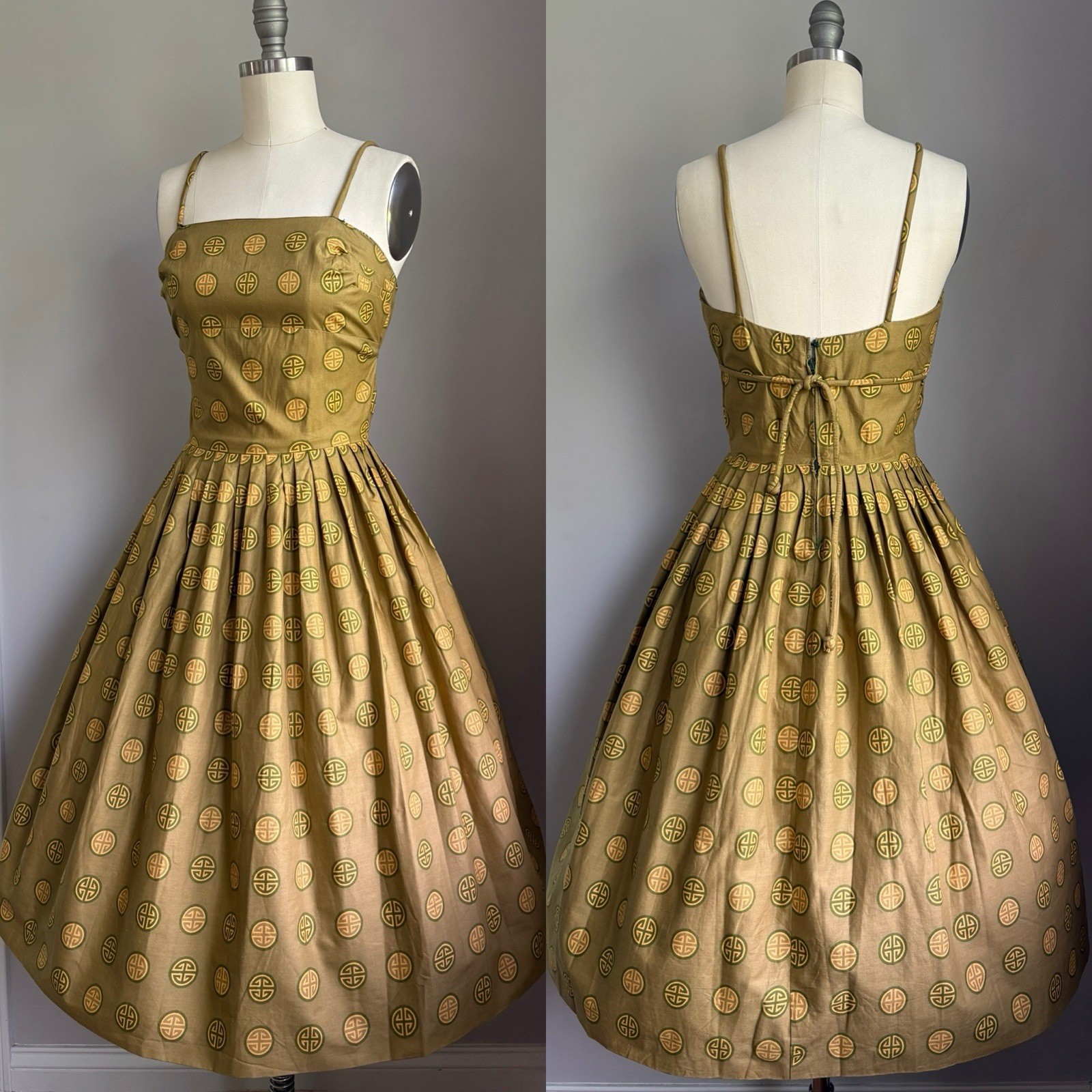 Vintage 1950’s Cotton Chinese Good Fortune Longevity Print Sun Dress Size XS