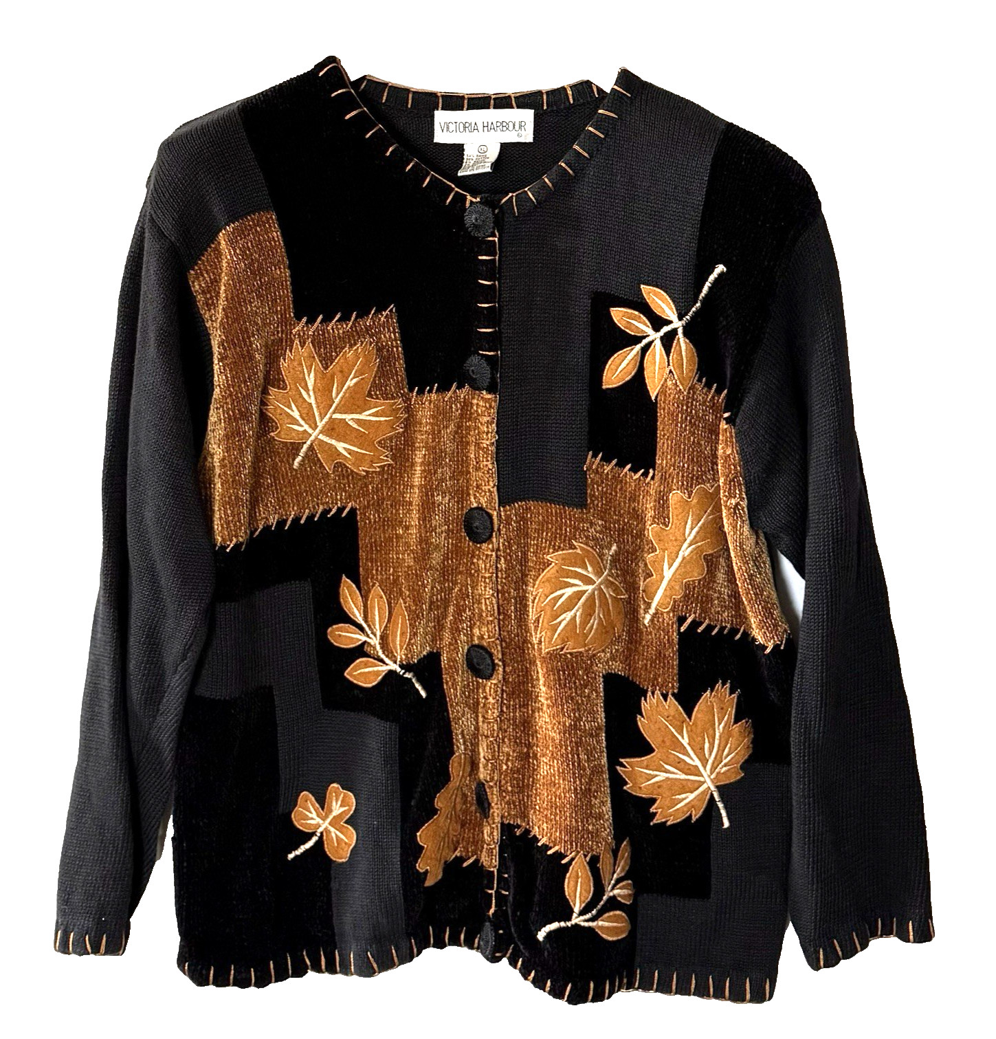 Vintage Victoria Harbour Cardigan Womens XL Fall Leaves Patchwork Stitching Hem