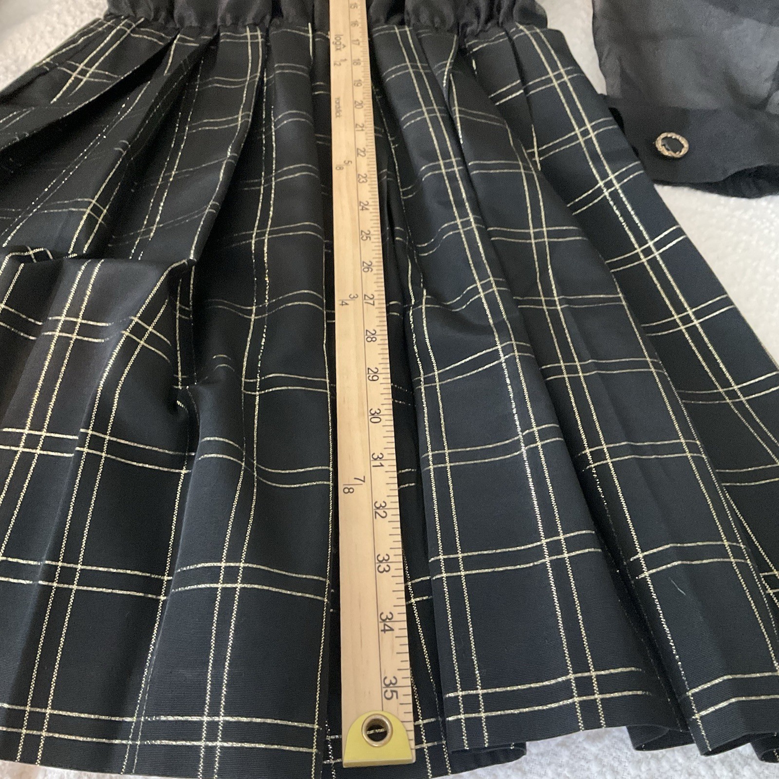 80’s Vintage Leslie Fay 6P Dress Black Gold Plaid Sheer Sleeve Cocktail Goth