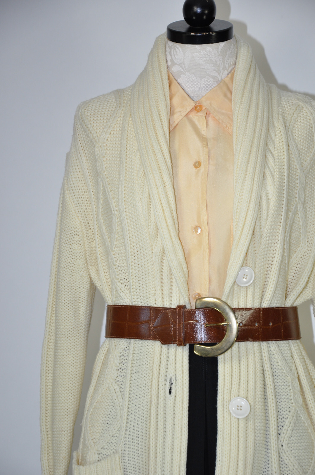 70s Cream Fisherman Cable Knit Shawl Duster Long Cardigan Sweater Coat Women M L
