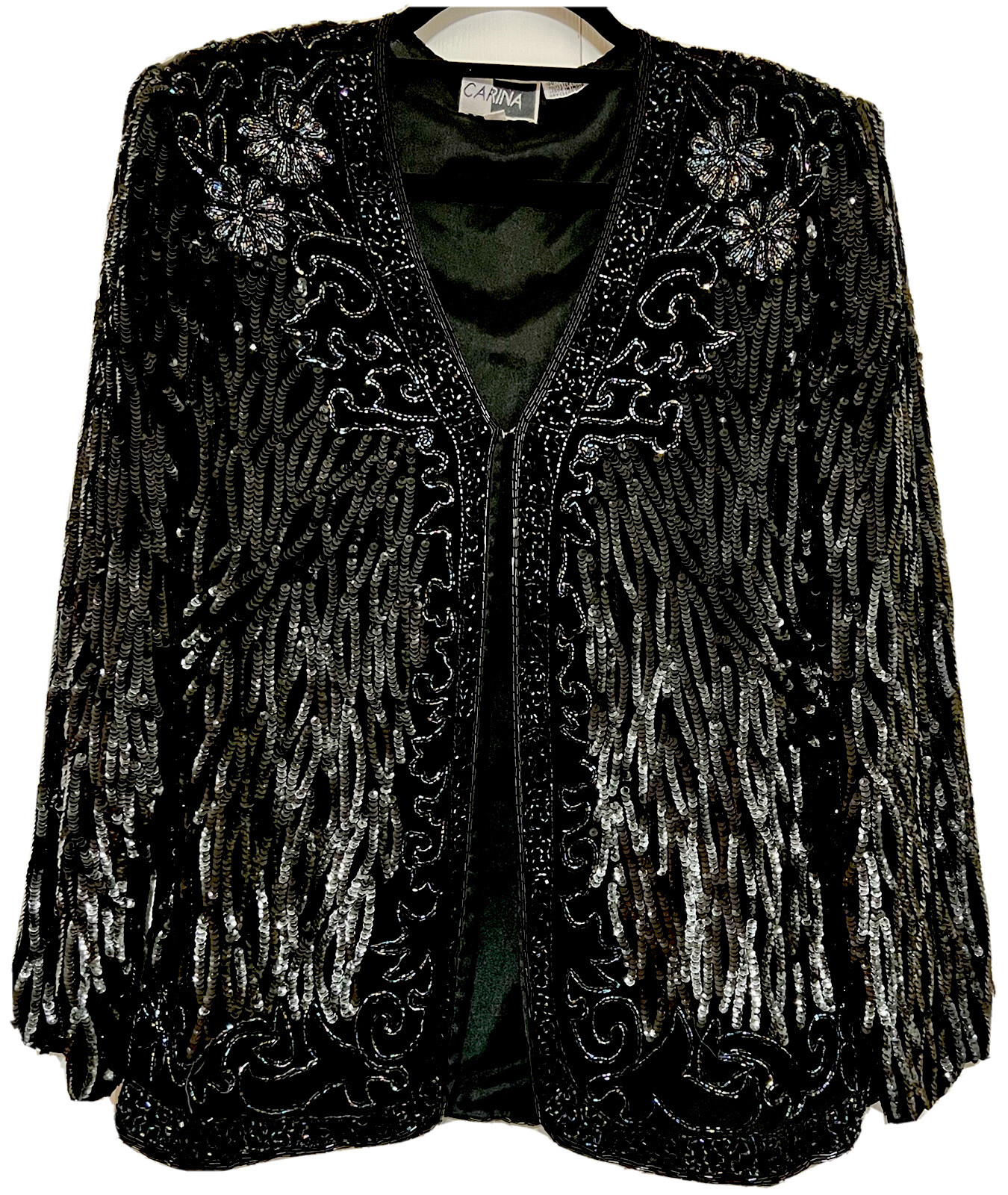 Vintage Carina Size L Jacket 100% Silk Black Sequin & Iridescent Seed Bead