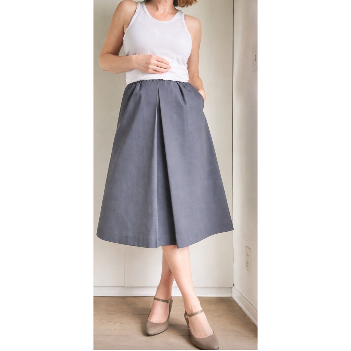 Vintage 90s Lands’ End Cotton Midi Skirt Size M Grey Made USA Classic Normcore